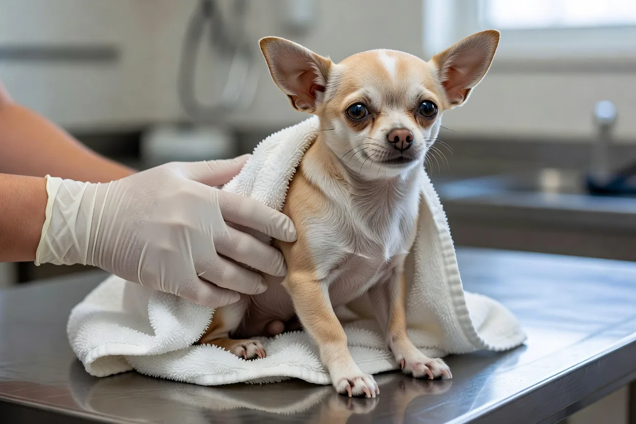 a short-haired Chihuahua wrapped in a clean towel on a veterinary examination table, a gloved hand steadying it gently