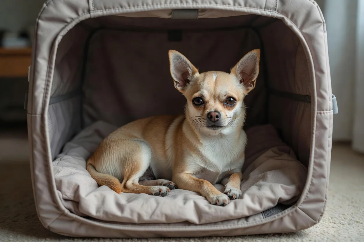 a small Chihuahua resting in a soft-sided crate lined with a folded blanket in a quiet room