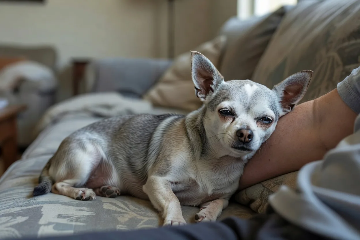an older Chihuahua resting against a person's forearm on a sofa, eyes half closed