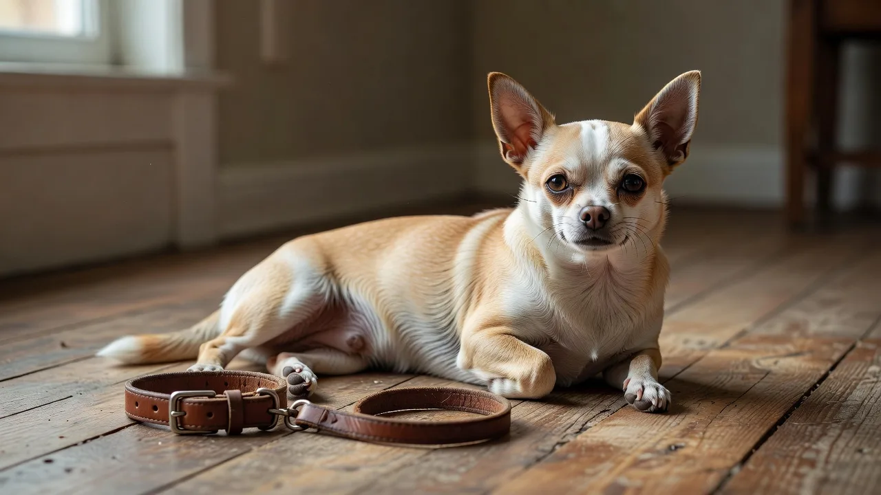 a Chihuahua lying beside an empty collar and lead on a wooden floor