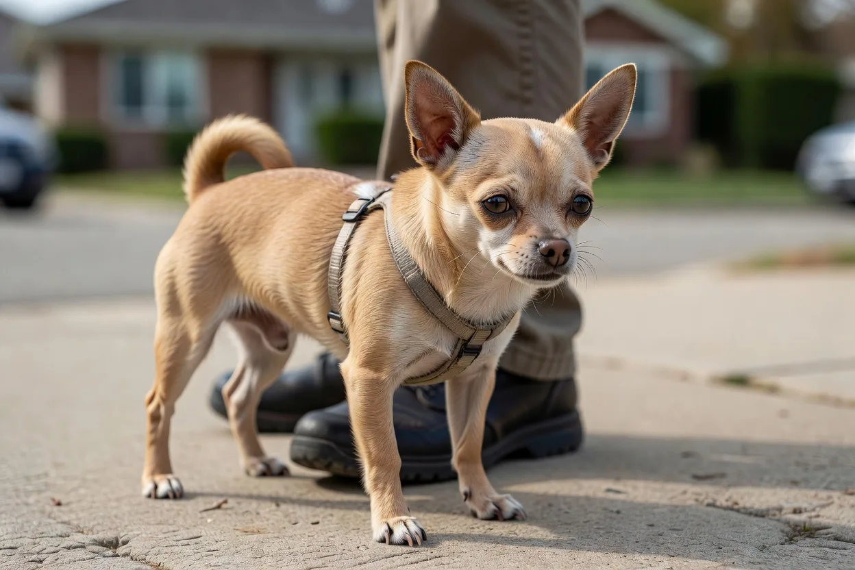 a Chihuahua on a fitted harness standing close to its owner's leg on a suburban pavement in daylight
