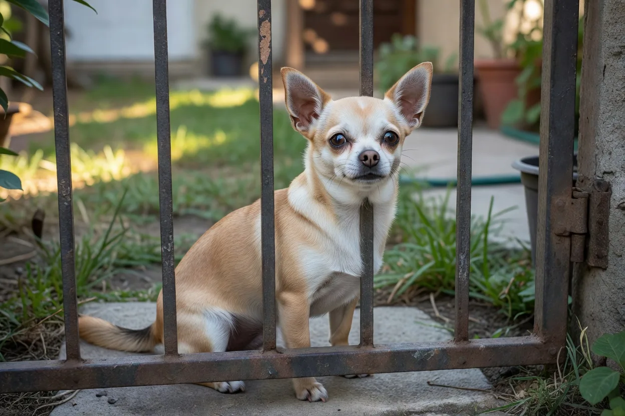 a Chihuahua behind a closed garden gate looking out, secure and calm