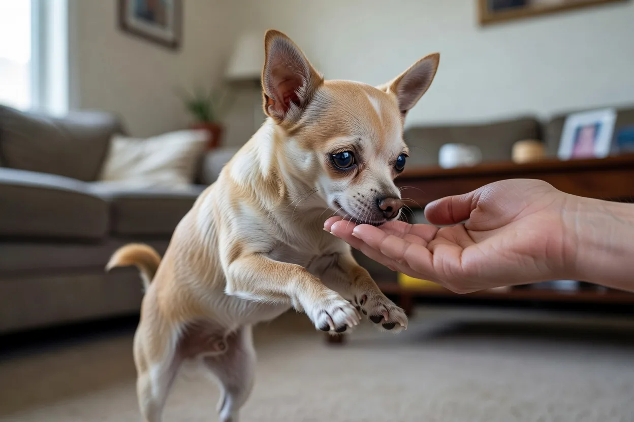 a Chihuahua touching its nose to an open palm during a short reward-based training session indoors