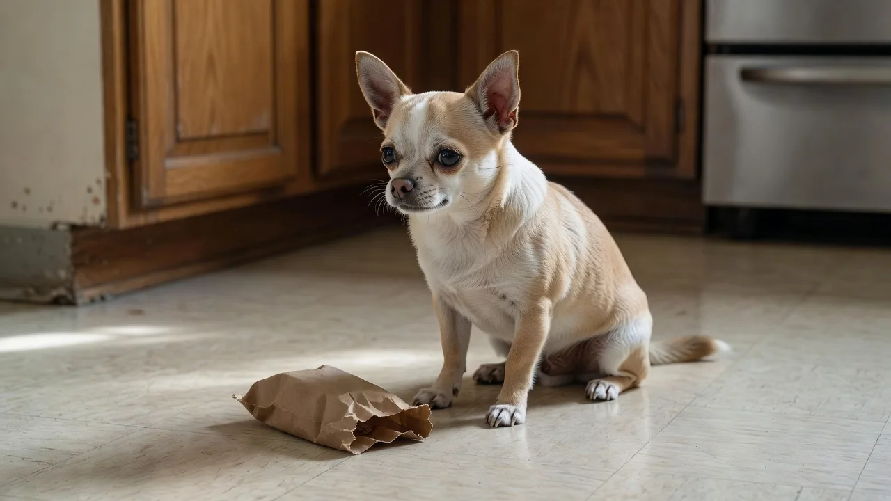 a small treat pouch and a Chihuahua sitting attentively on a kitchen floor
