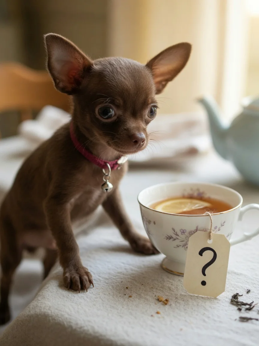 A very small chihuahua beside a teacup with a question mark tag