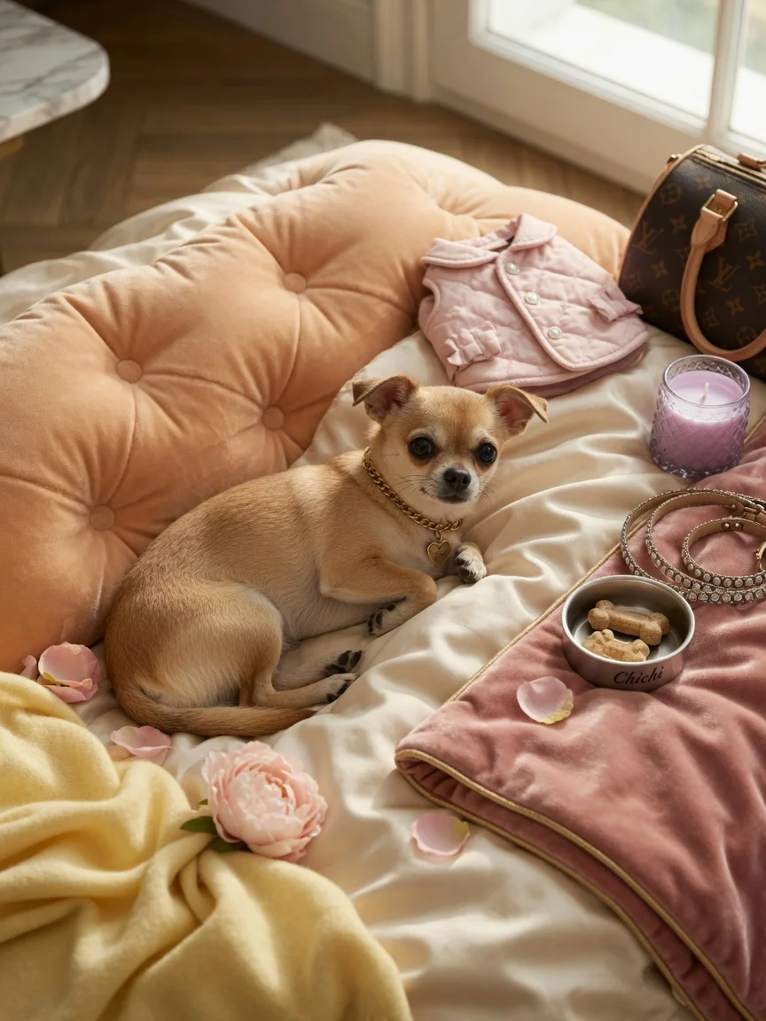 A small tan chihuahua on a plush bed surrounded by fancy accessories