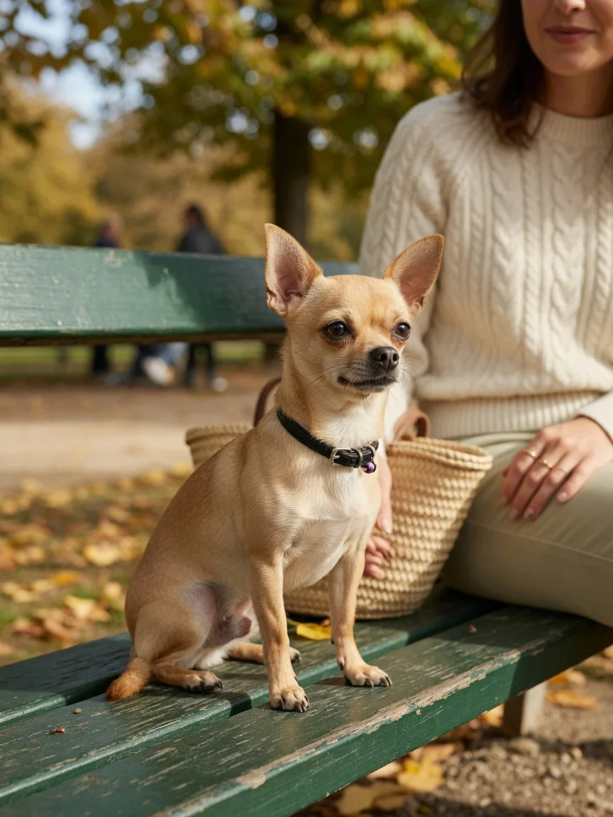A small tan chihuahua on a park bench beside its owner