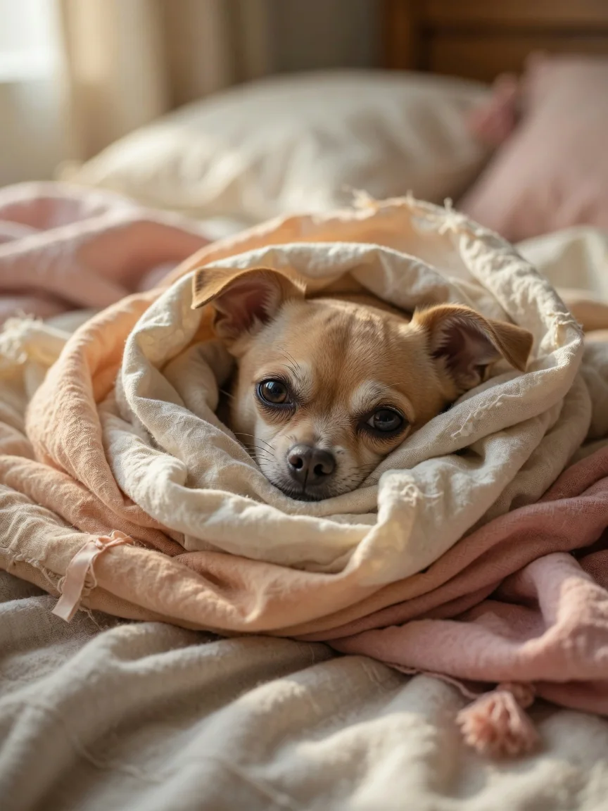 A small tan chihuahua burrowed into blankets with only its face out