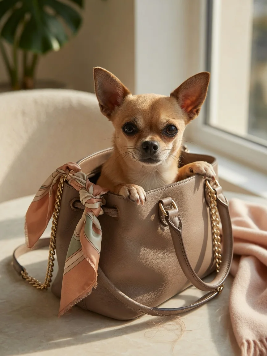 A small chihuahua peeking from a fashionable handbag