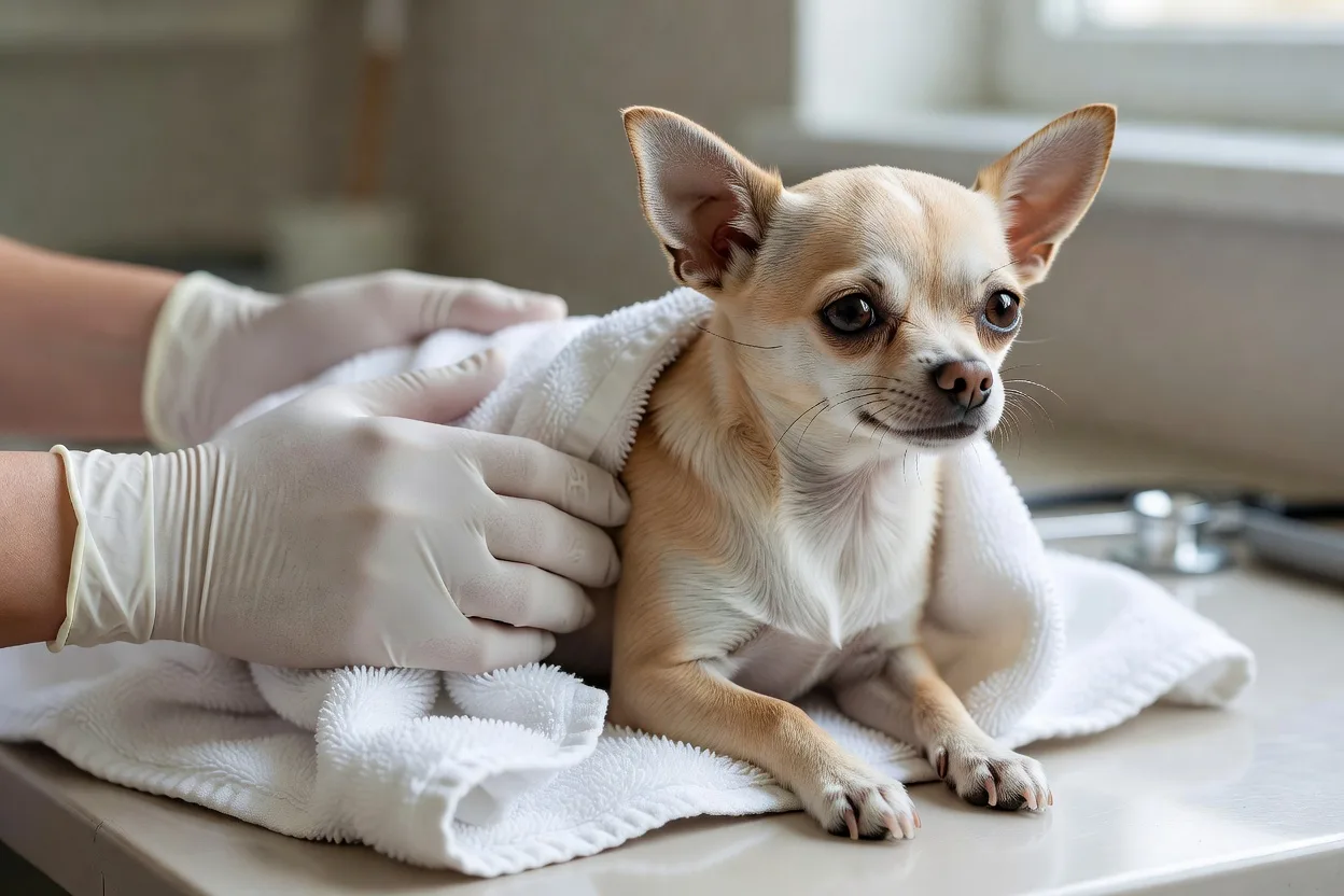 a short-haired Chihuahua wrapped in a clean towel on a veterinary examination table, a gloved hand steadying it gently