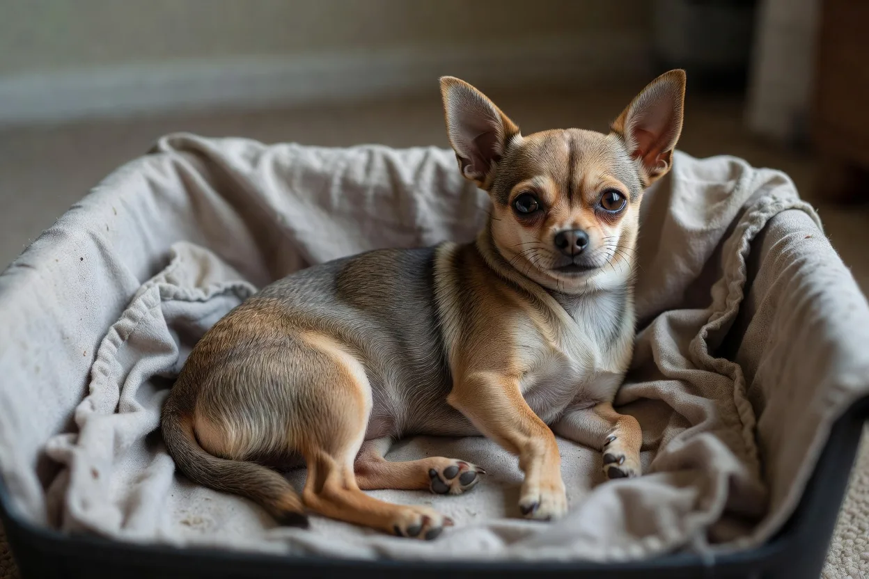 a small Chihuahua resting in a soft-sided crate lined with a folded blanket in a quiet room