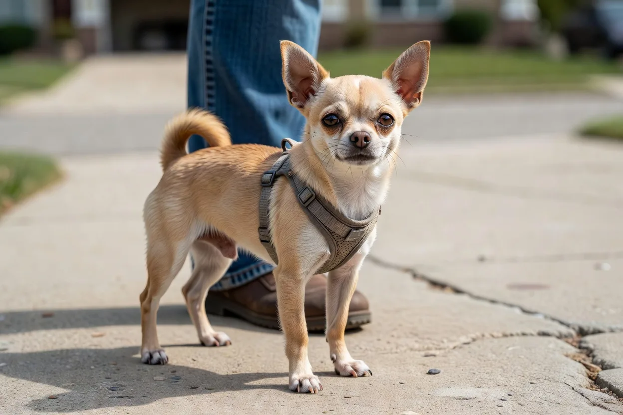 a Chihuahua on a fitted harness standing close to its owner's leg on a suburban pavement in daylight