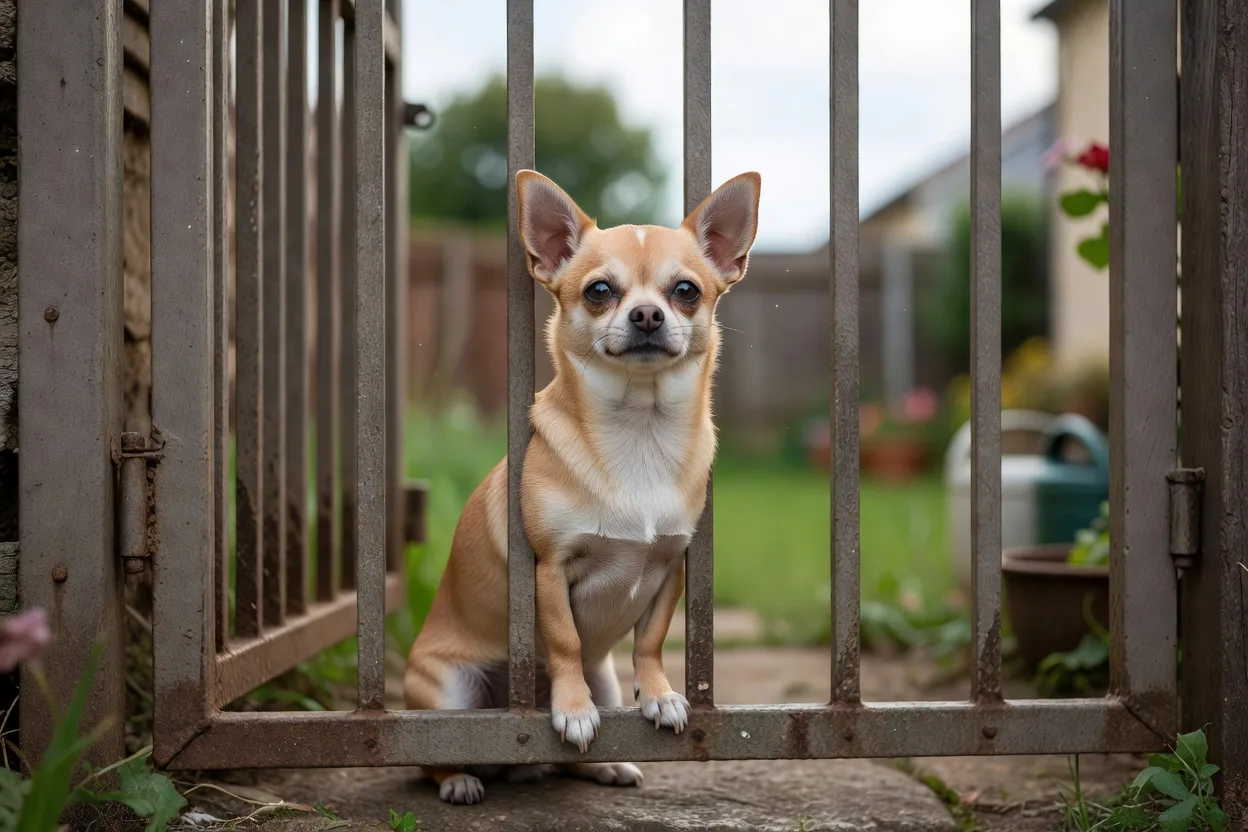 a Chihuahua behind a closed garden gate looking out, secure and calm