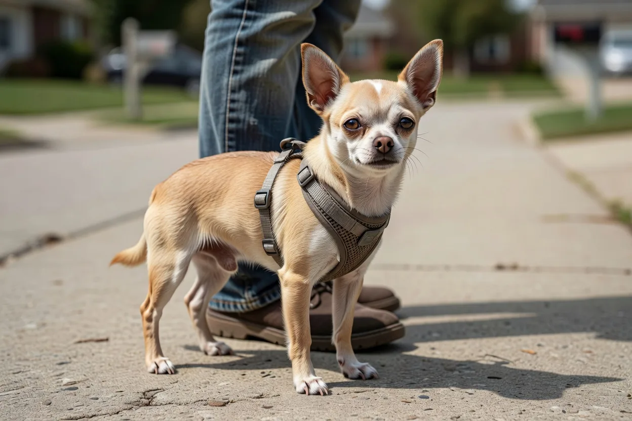 a Chihuahua on a fitted harness standing close to its owner's leg on a suburban pavement in daylight
