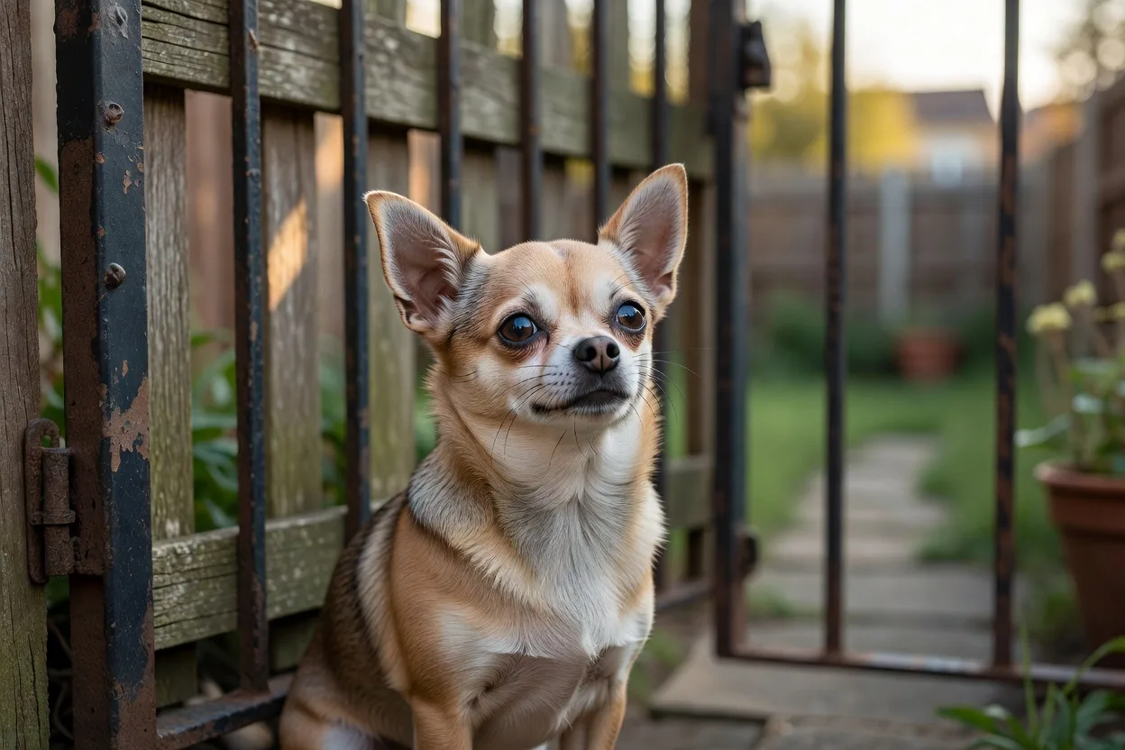 a Chihuahua behind a closed garden gate looking out, secure and calm