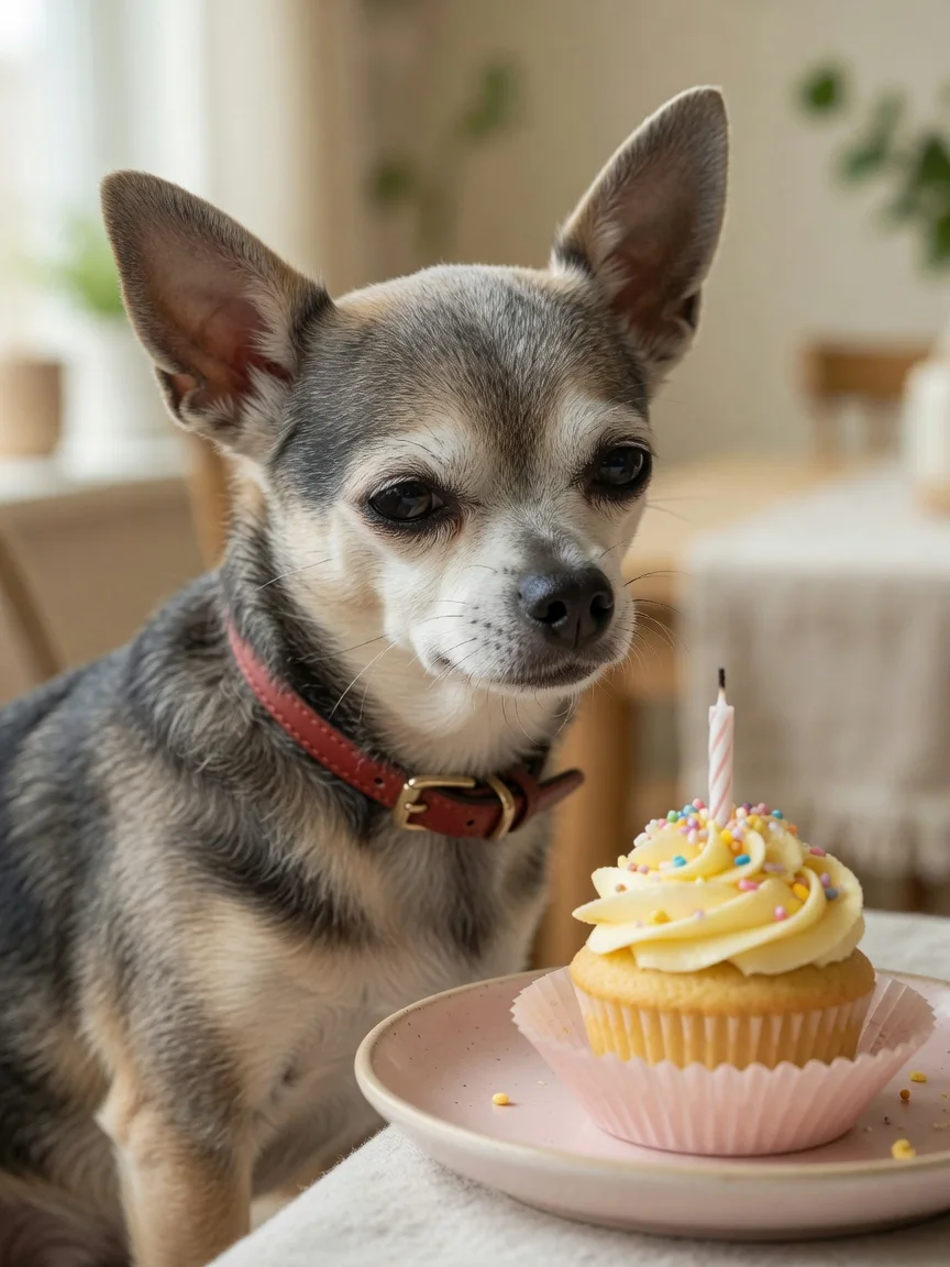 A serene grey-muzzled chihuahua with a small birthday cupcake