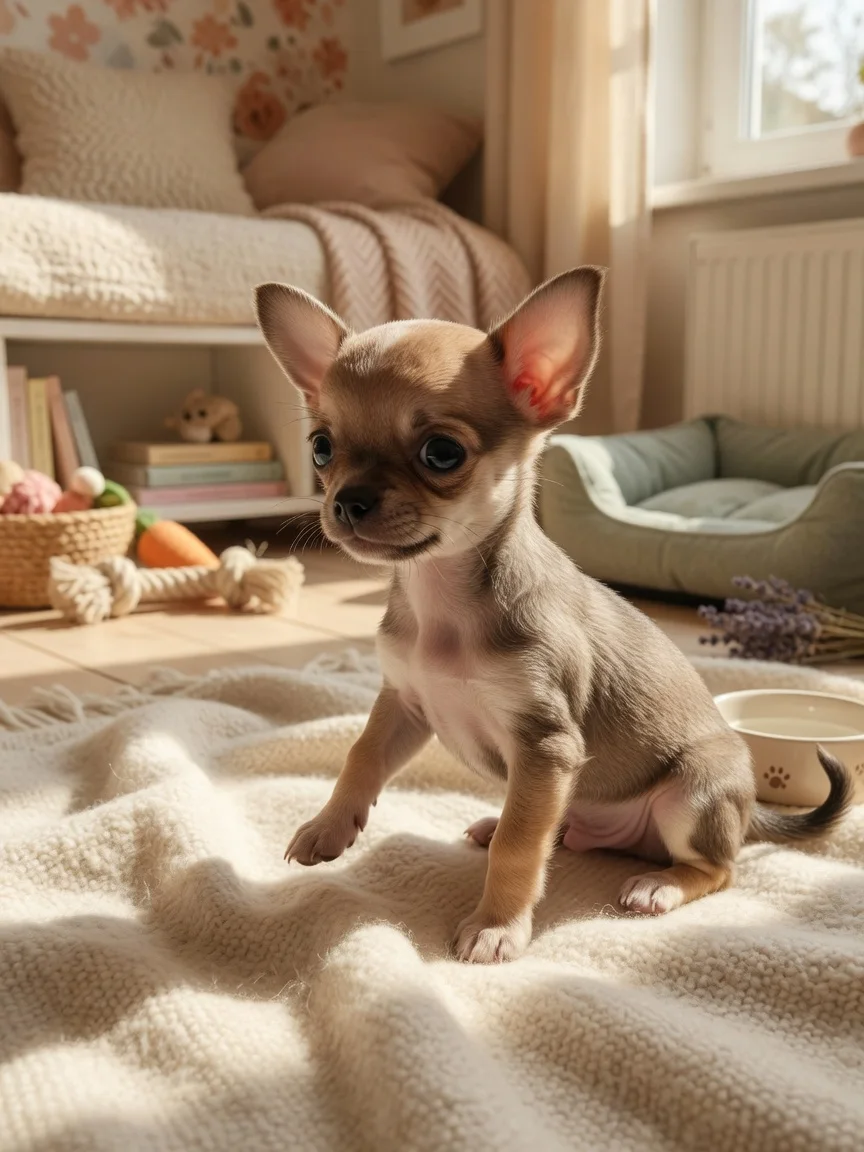 A tiny chihuahua puppy exploring a safe cozy room