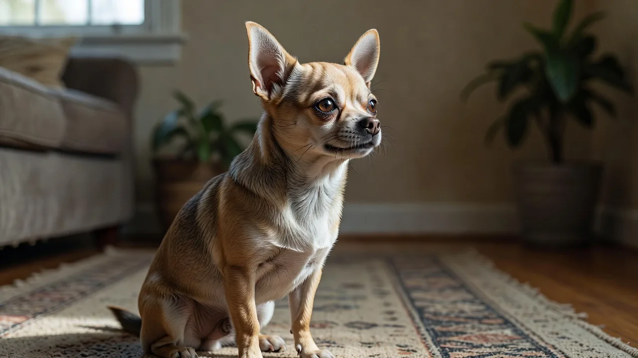 a Chihuahua sitting on a rug, ears forward, watching something out of frame with alert attention
