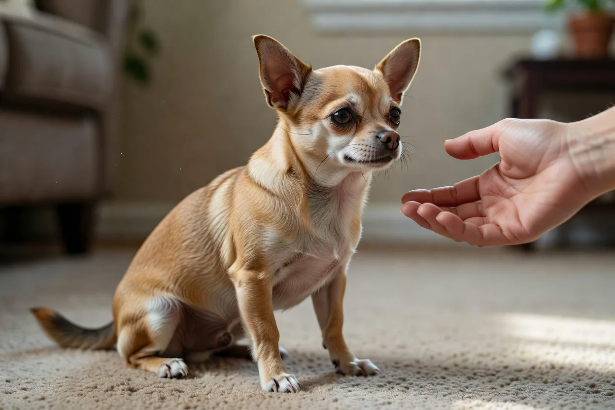 a Chihuahua turning its head away from an outstretched hand, showing a calm avoidance signal