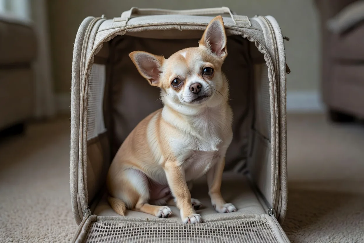 a Chihuahua sitting inside a plain unbranded soft carrier with the mesh panel open
