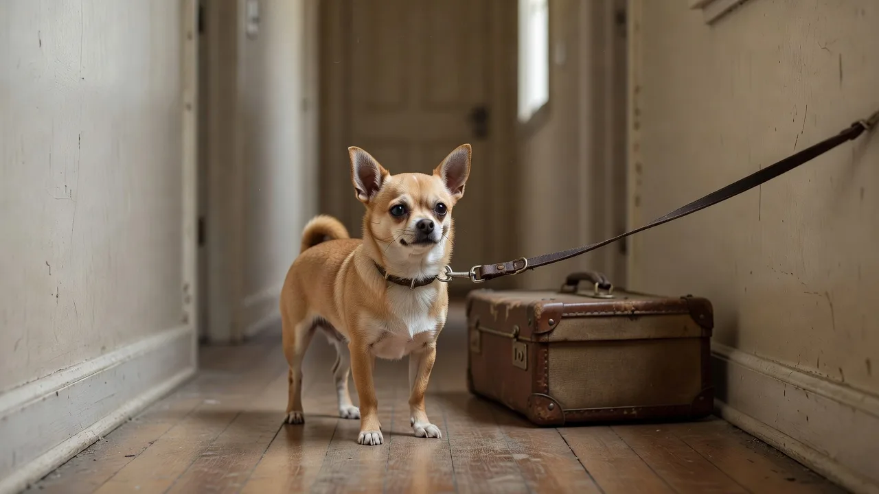 a Chihuahua on a lead beside a suitcase in an ordinary hallway
