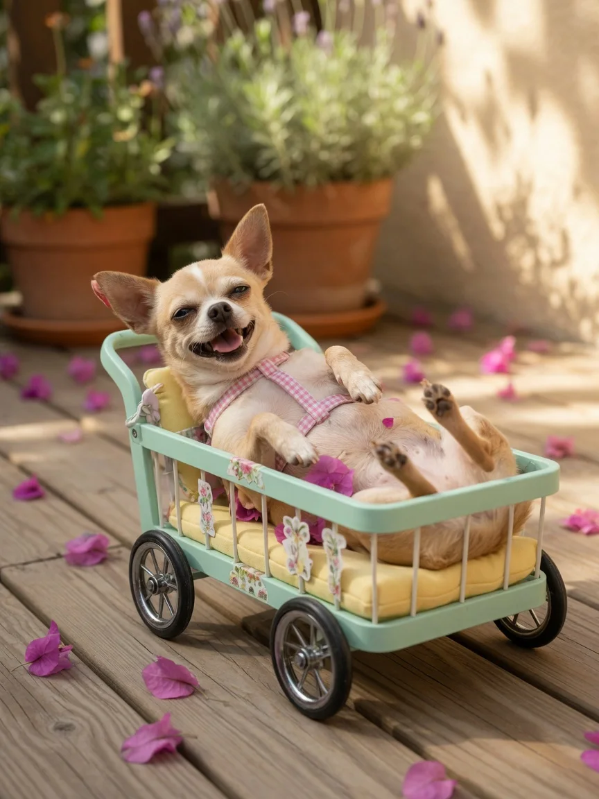 A small two-legged chihuahua rolling happily in a tiny wheeled cart