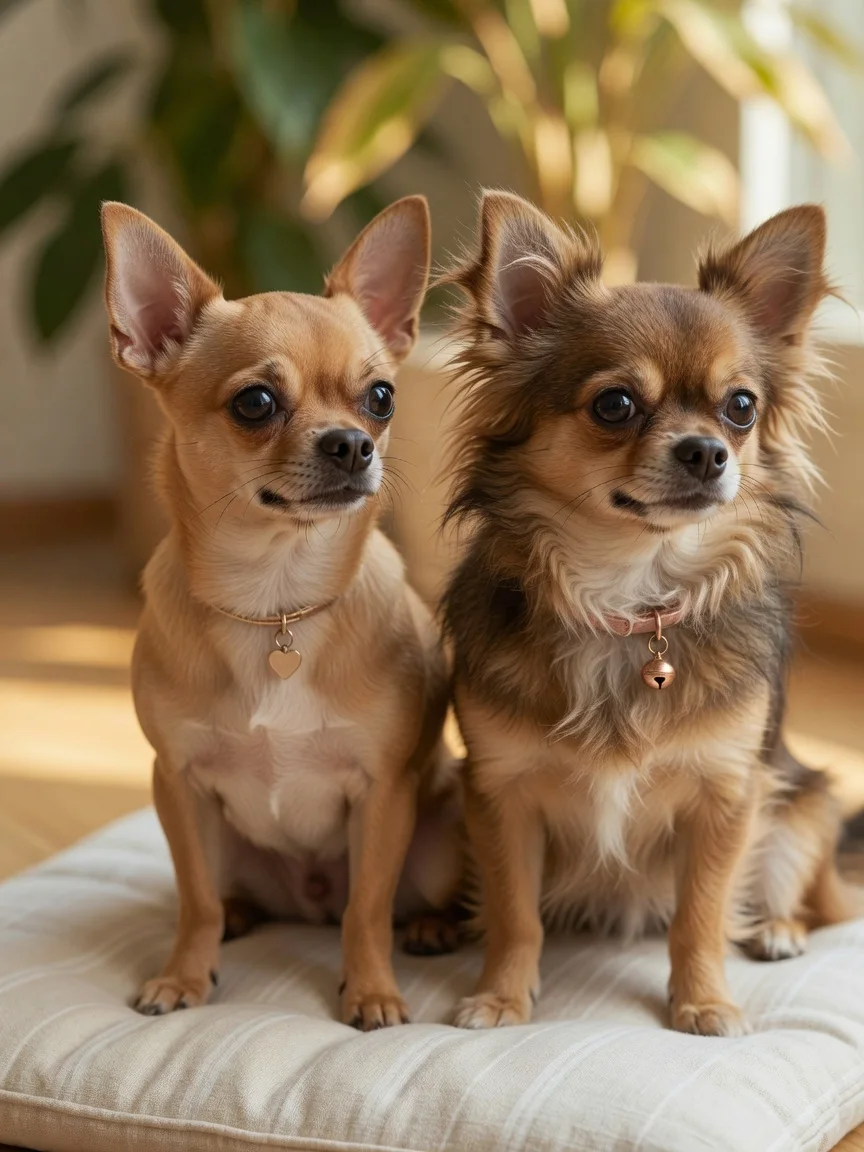 Two chihuahuas side by side, one smooth coat and one long coat
