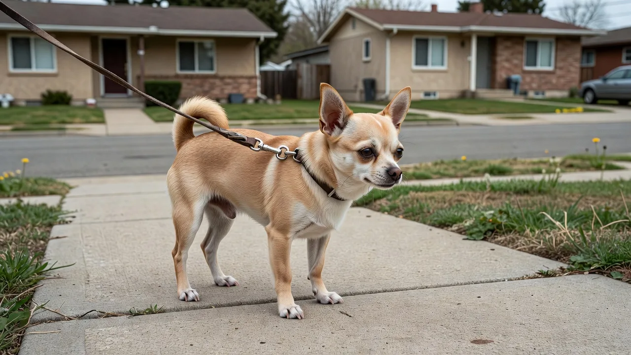 a Chihuahua on a lead beside an ordinary residential street, photographed at a respectful distance