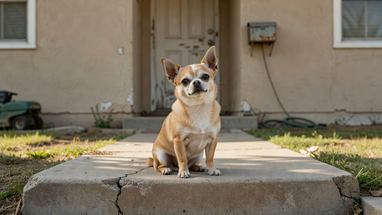 a Chihuahua sitting on a doorstep of a modest suburban home in daylight
