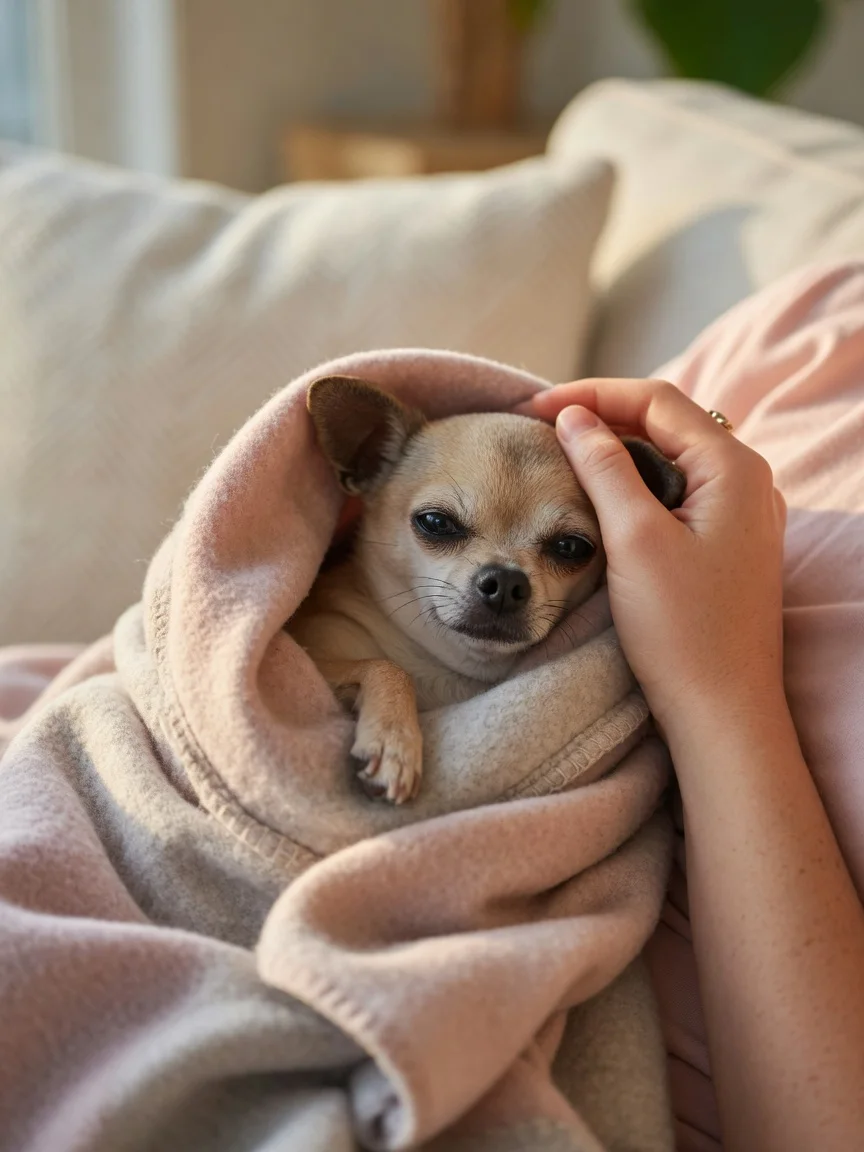 A small chihuahua wrapped in a blanket being comforted