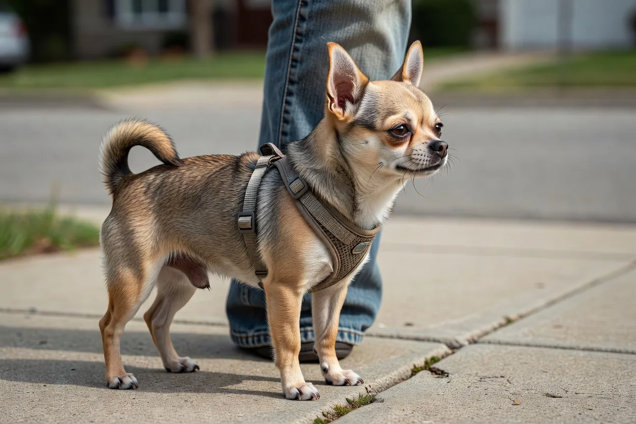 a Chihuahua on a fitted harness standing close to its owner's leg on a suburban pavement in daylight