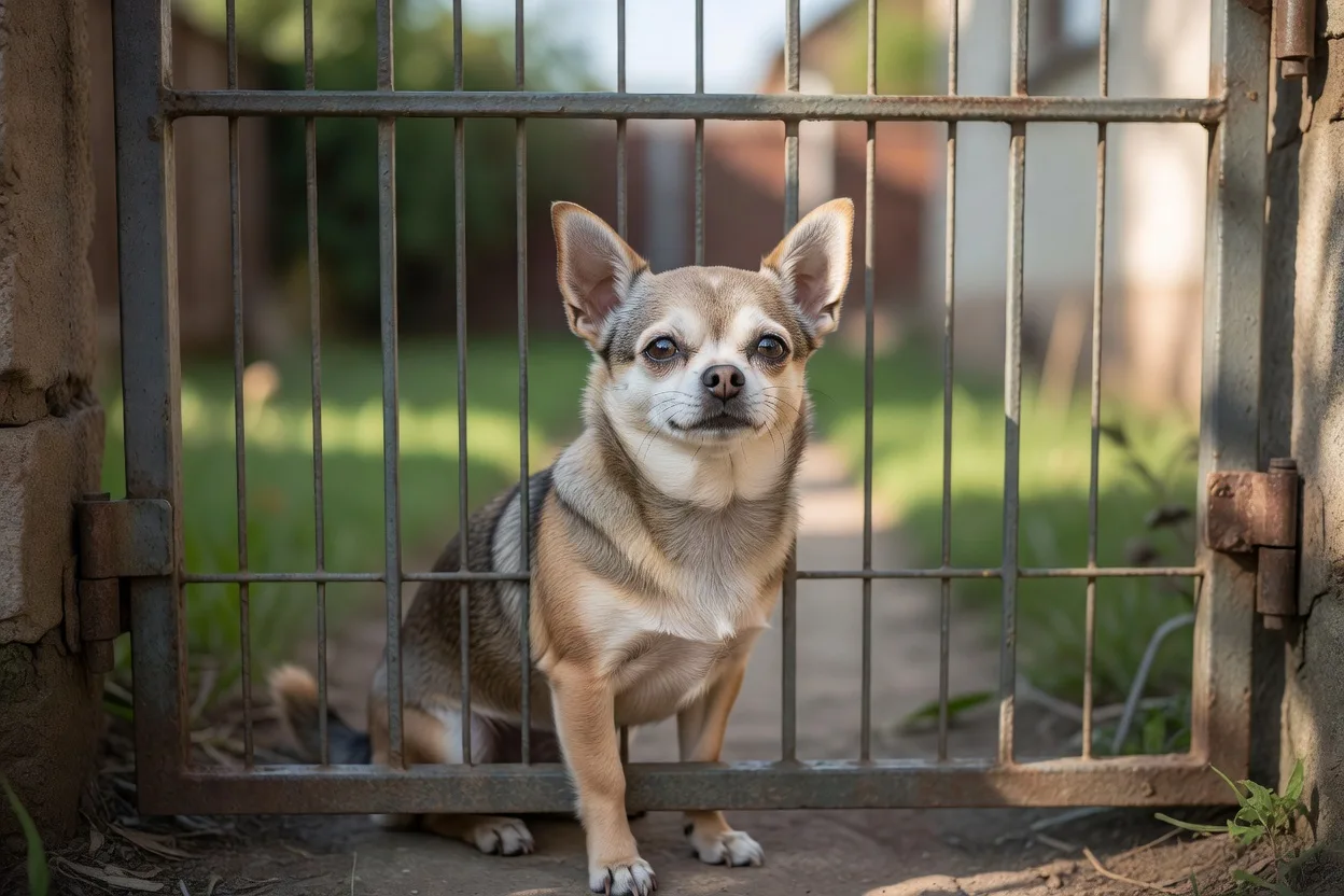 a Chihuahua behind a closed garden gate looking out, secure and calm