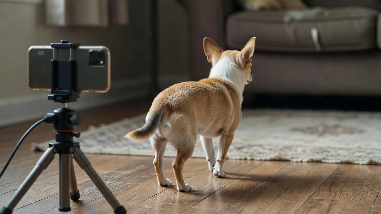 a smartphone on a tripod filming a Chihuahua that is calmly walking away from the camera