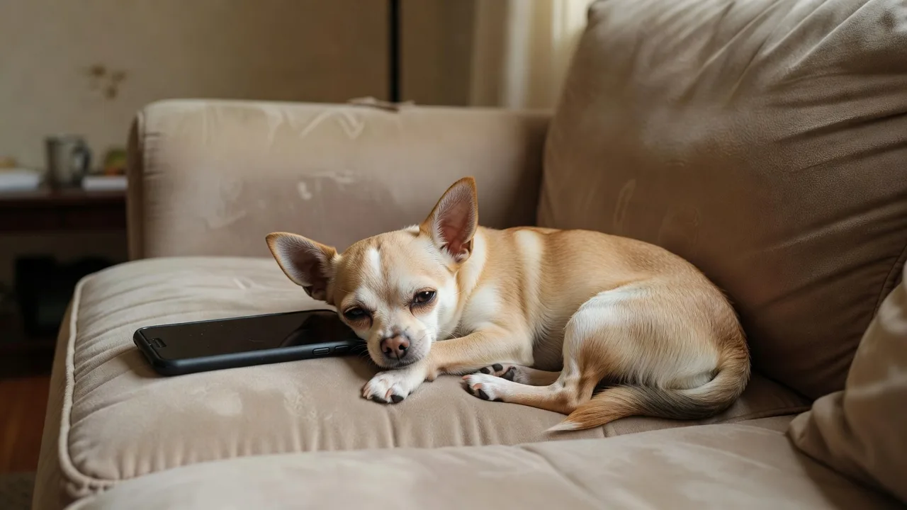 a Chihuahua resting on a sofa while a phone lies face down on the cushion beside it