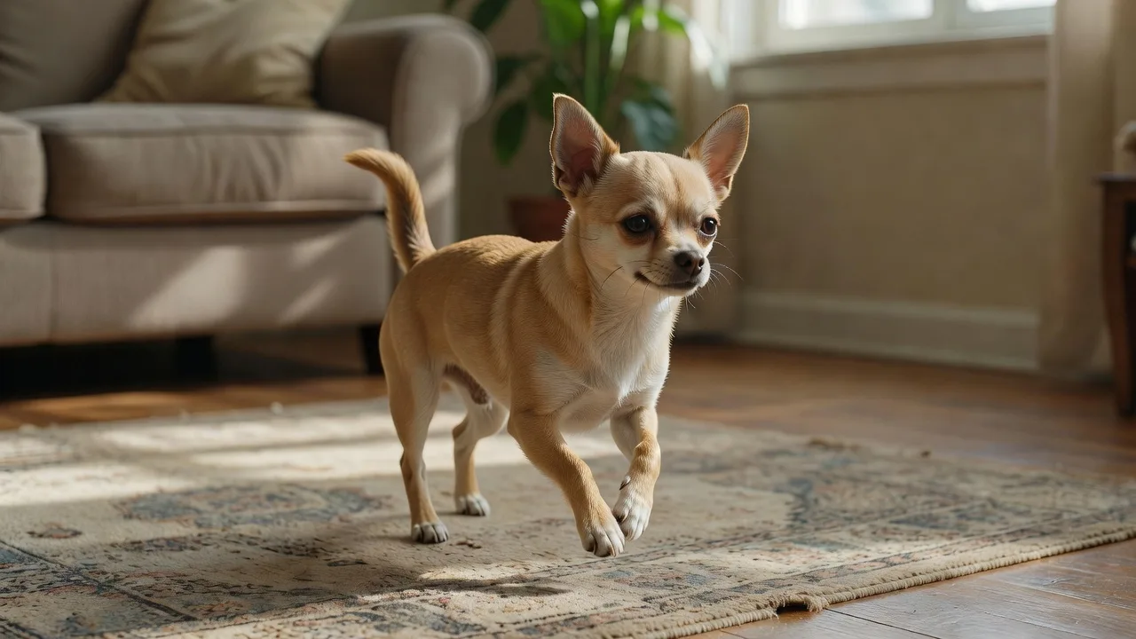 a Chihuahua mid-stride on a living room rug, caught in natural window light
