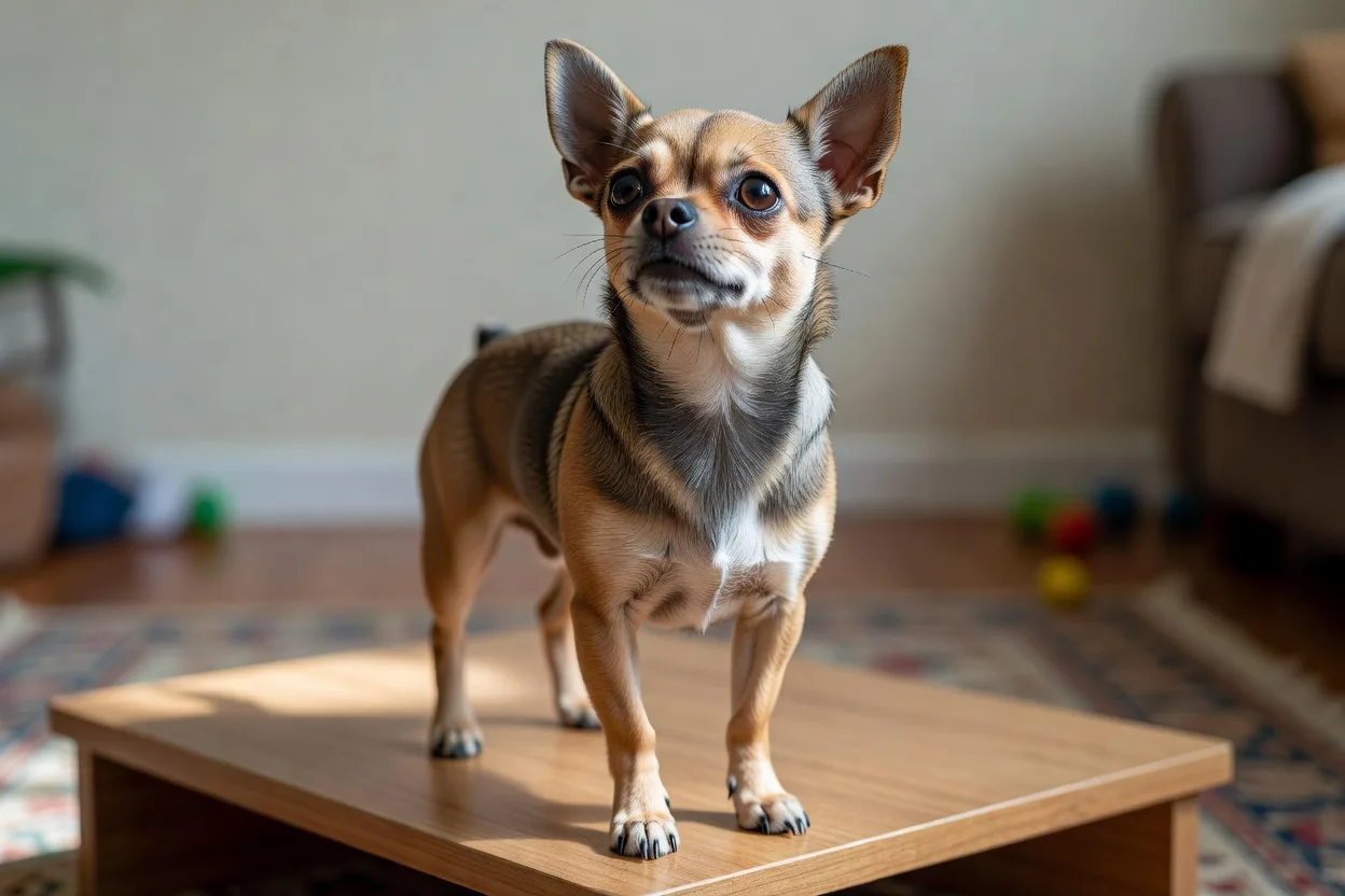 a Chihuahua standing on a low stable platform indoors, paws planted, looking up