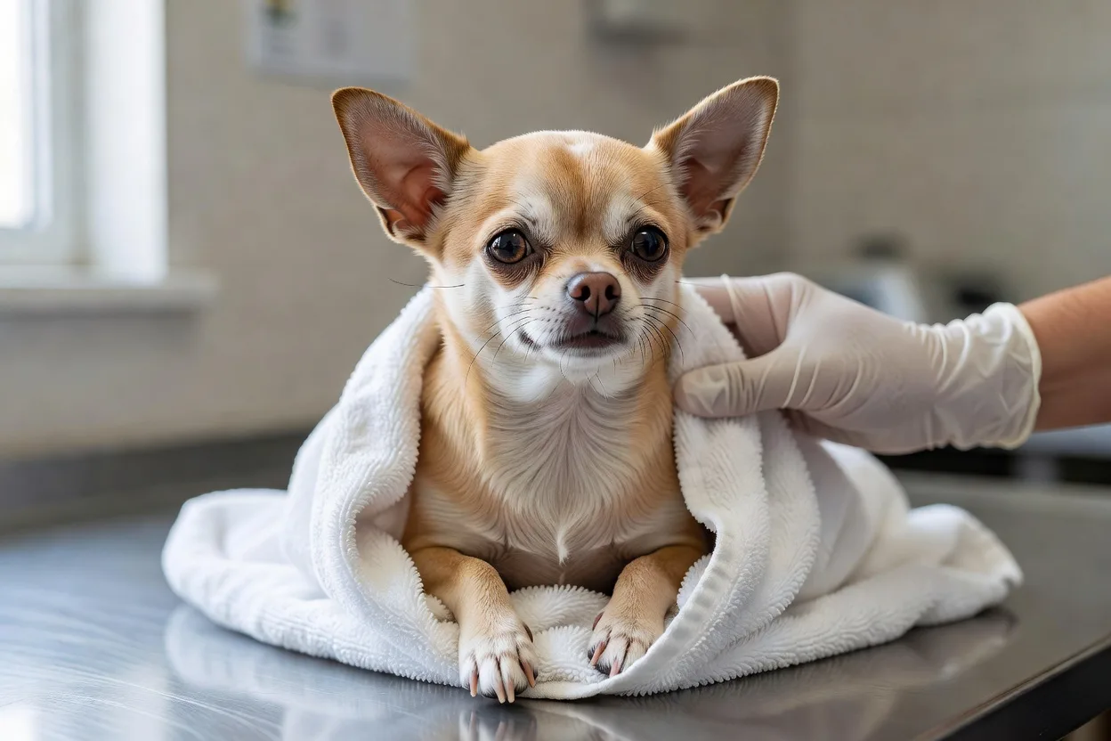 a short-haired Chihuahua wrapped in a clean towel on a veterinary examination table, a gloved hand steadying it gently