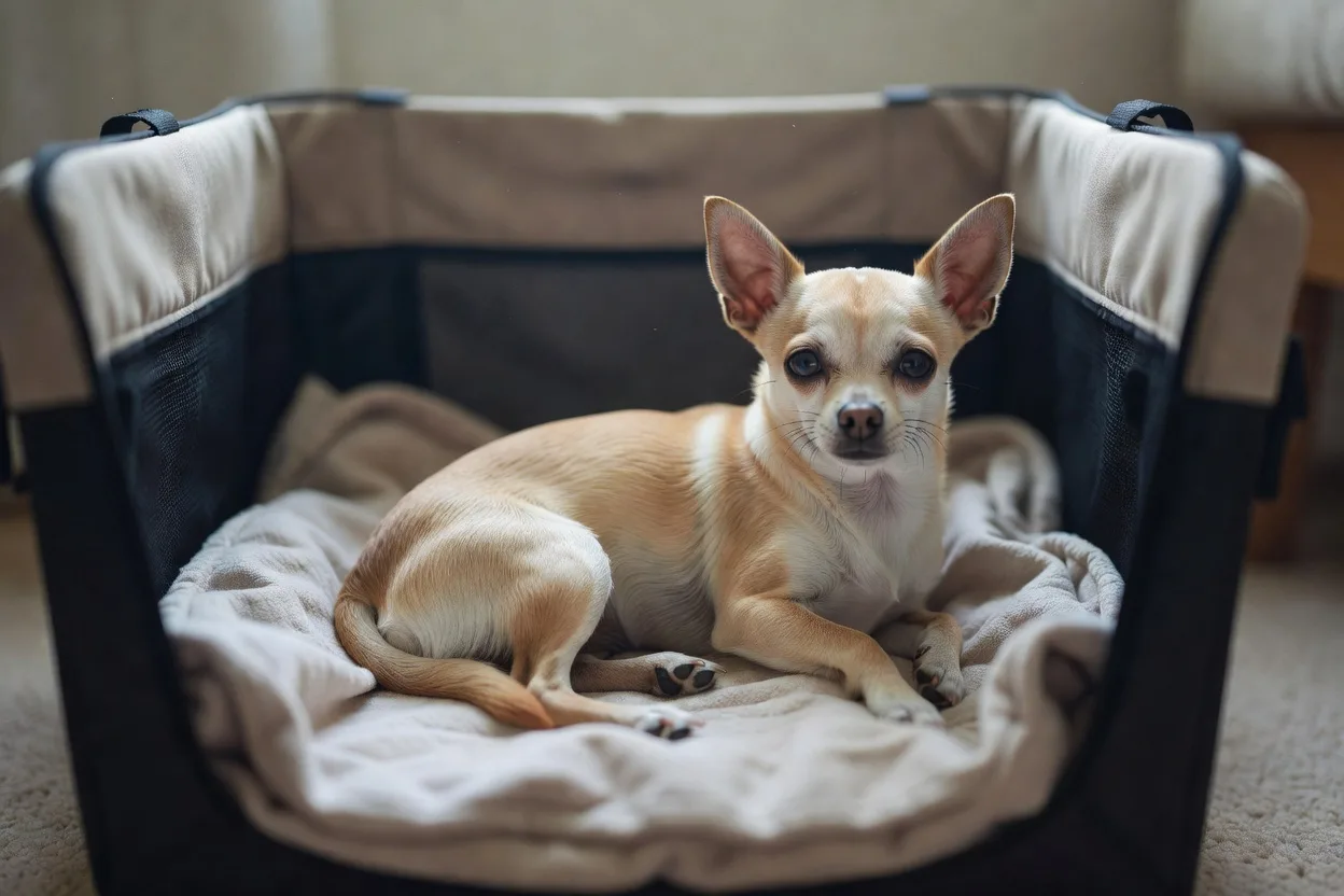 a small Chihuahua resting in a soft-sided crate lined with a folded blanket in a quiet room