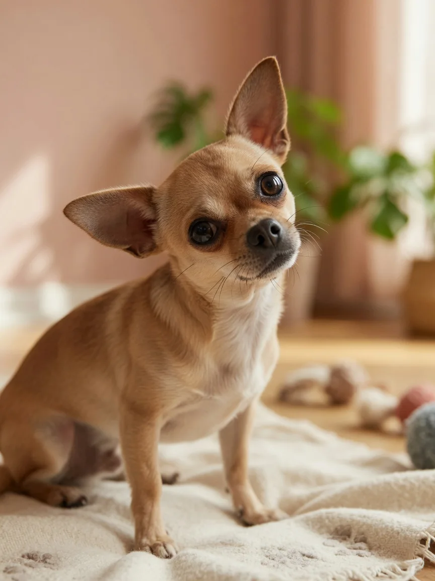 A curious small tan chihuahua tilting its head