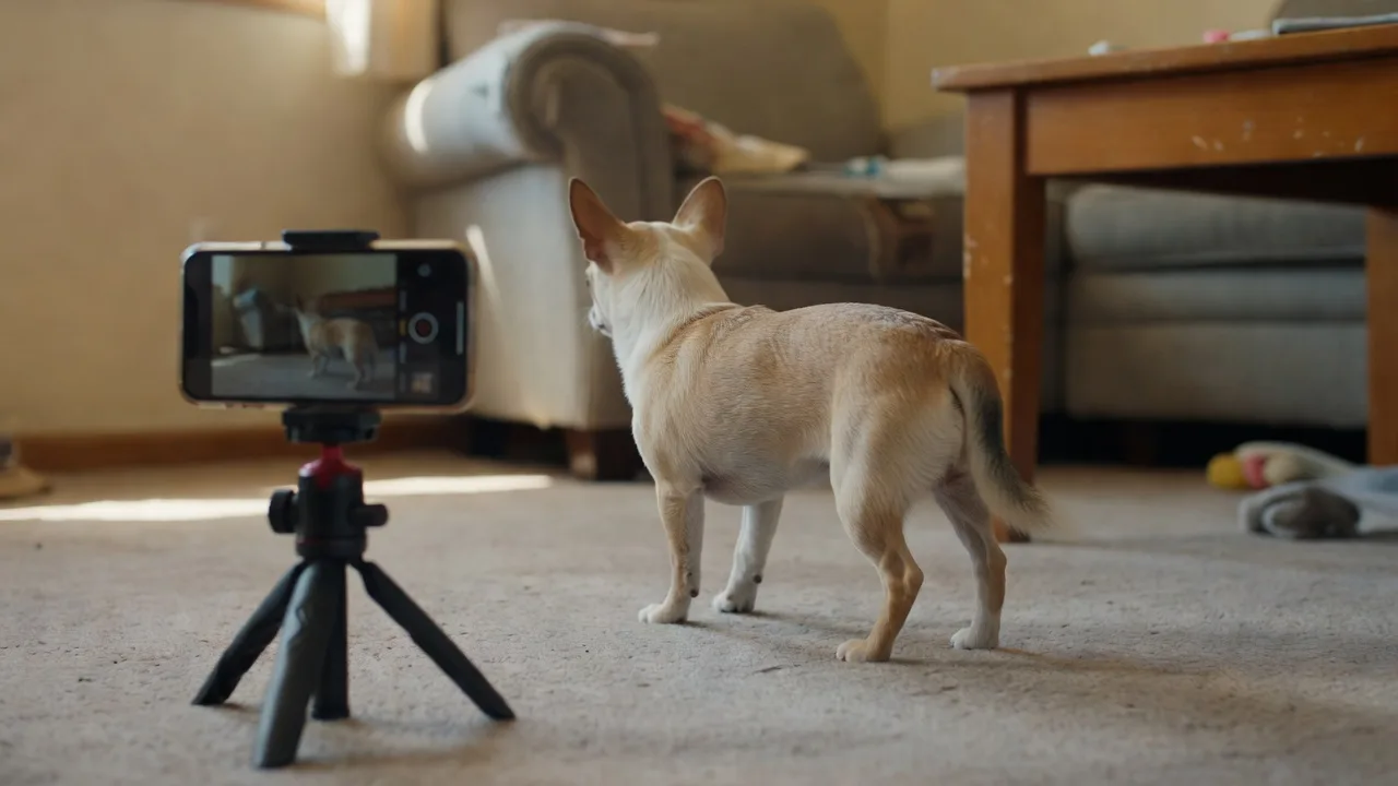 a smartphone on a tripod filming a Chihuahua that is calmly walking away from the camera