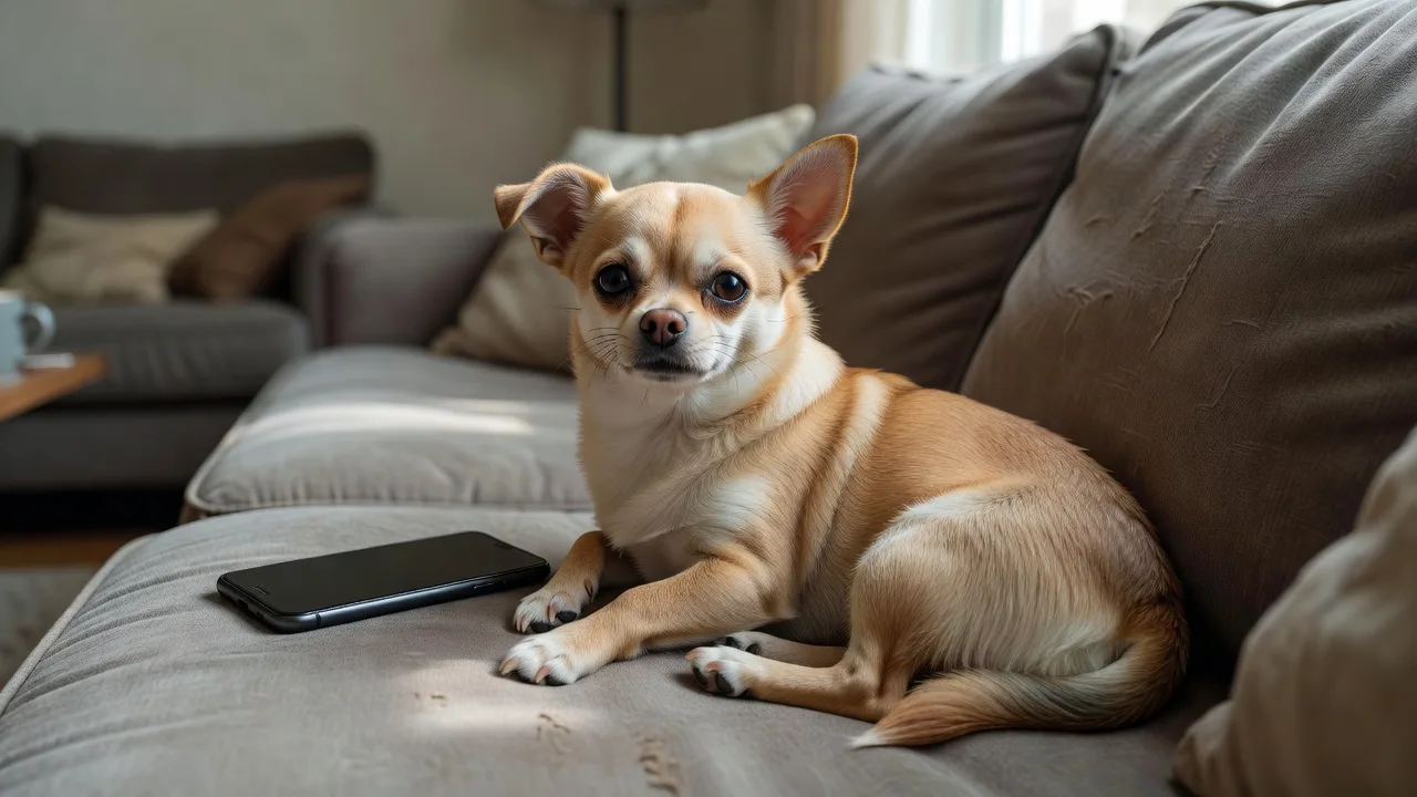a Chihuahua resting on a sofa while a phone lies face down on the cushion beside it