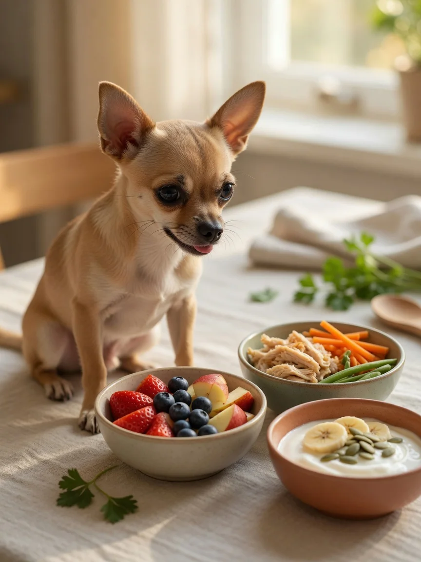 A small tan chihuahua beside bowls of safe fresh foods