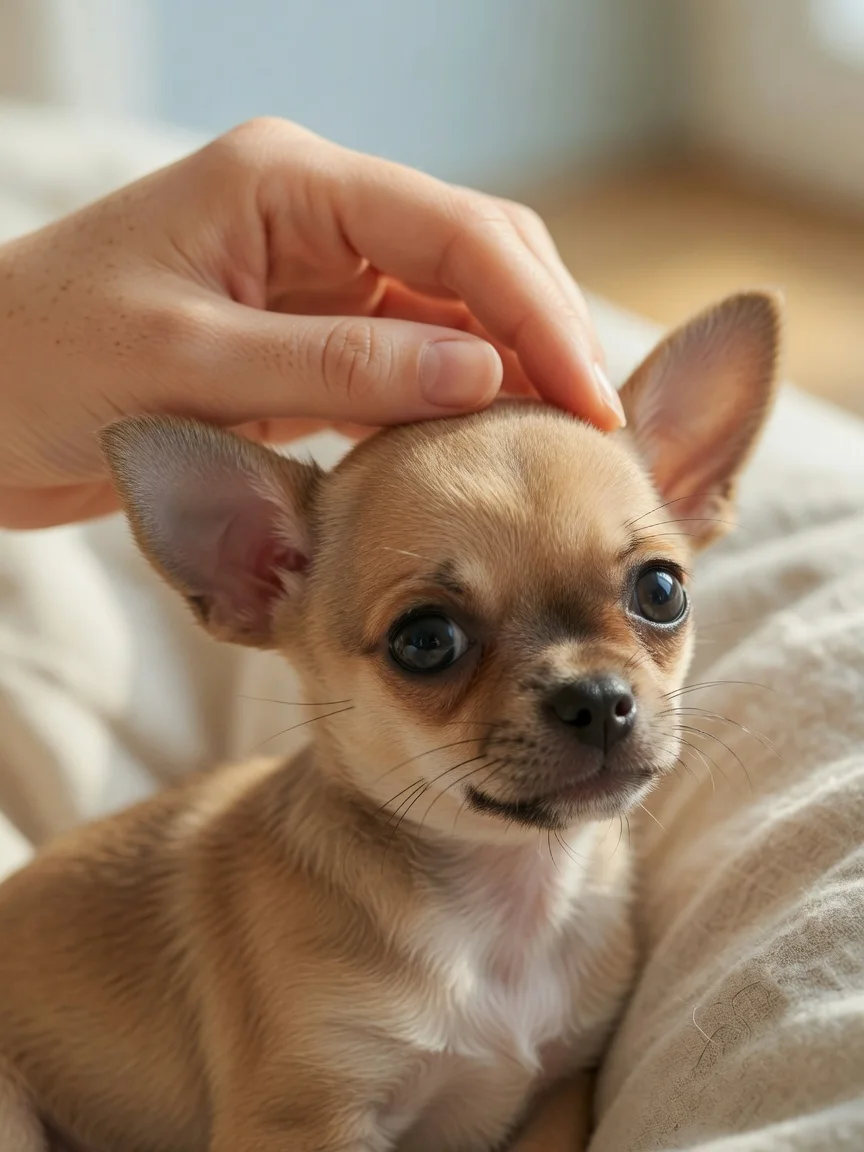 A gentle hand resting on the head of a chihuahua puppy