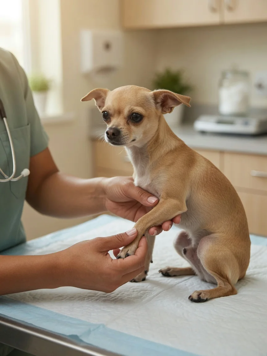 Veterinarian gently examining the hind knee of a small tan chihuahua during a patella check