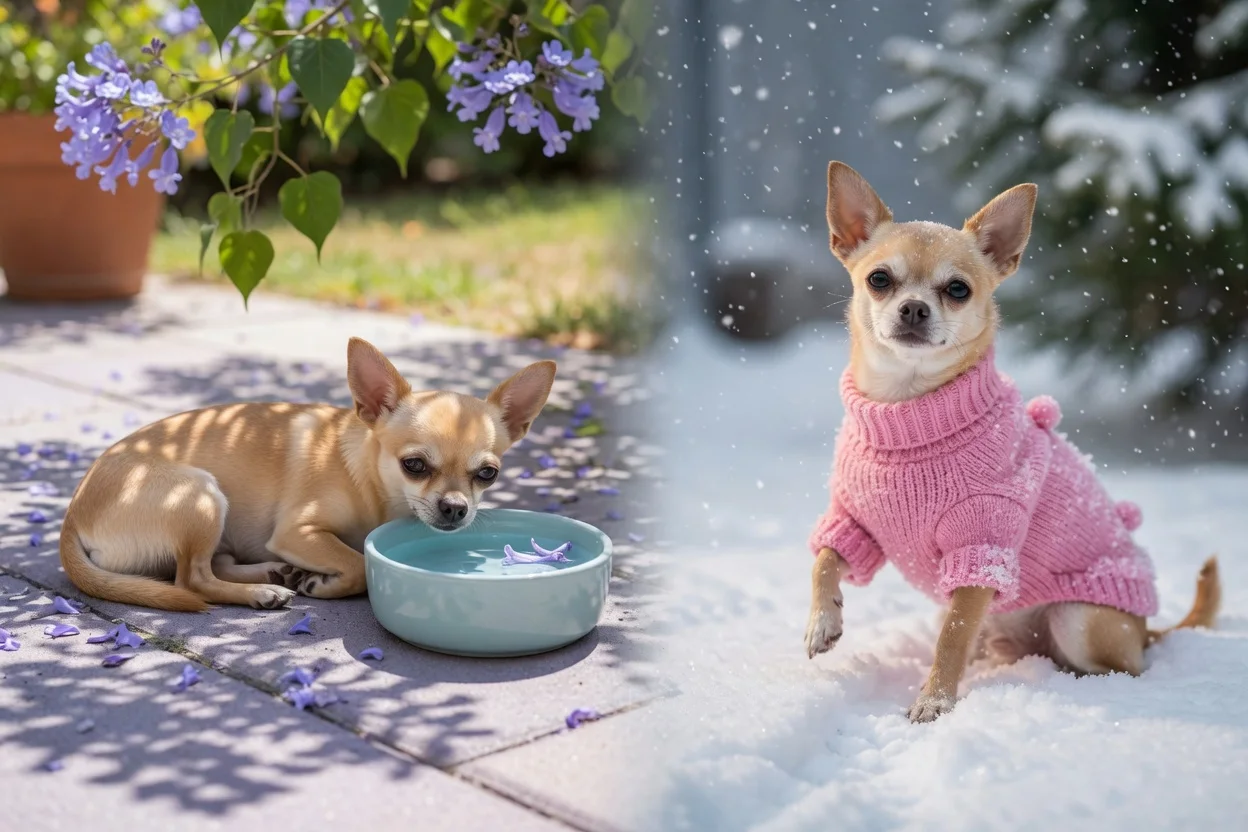 Split illustration of a chihuahua resting in summer shade beside a water bowl, and the same dog wearing a pink sweater in winter snow
