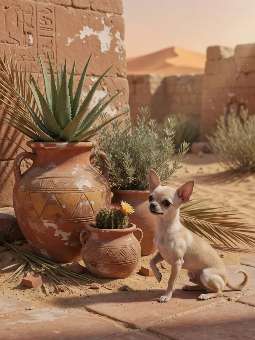 An ancient-styled scene of small dogs beside clay pots and desert plants
