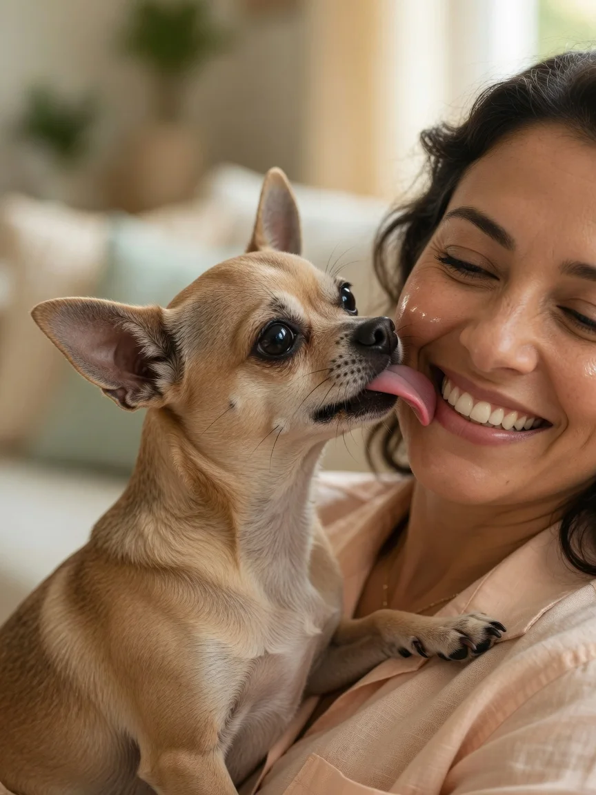 A small tan chihuahua licking the cheek of a smiling owner