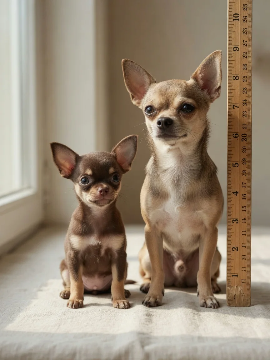 A chihuahua puppy and adult side by side with a measuring stick