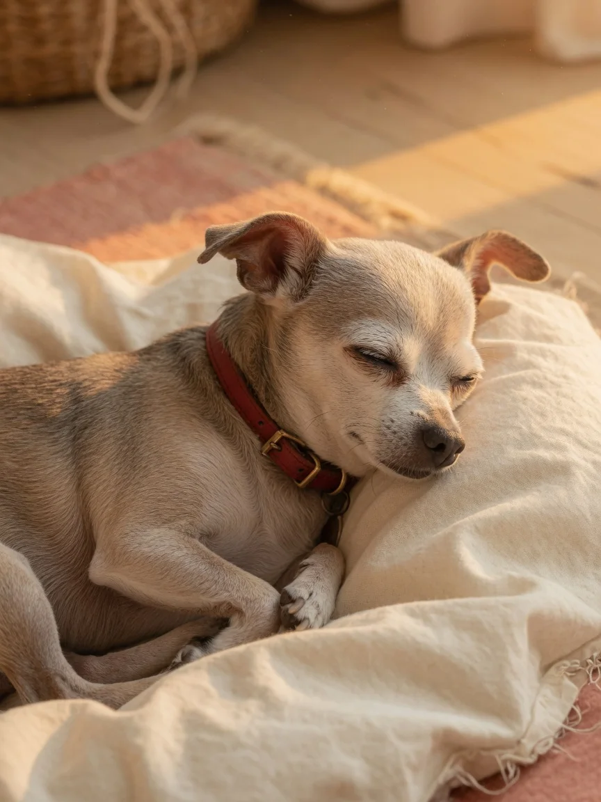 A peaceful senior chihuahua resting in gentle golden light