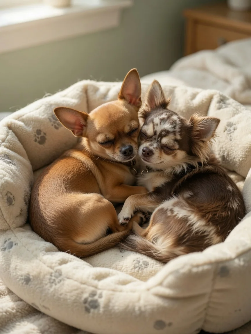 Two chihuahuas curled up together in one bed